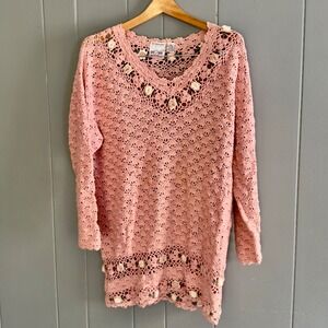 Vintage Denim Republic Pink Crochet Sweater L Cottagecore‎ Floral Lagenlook